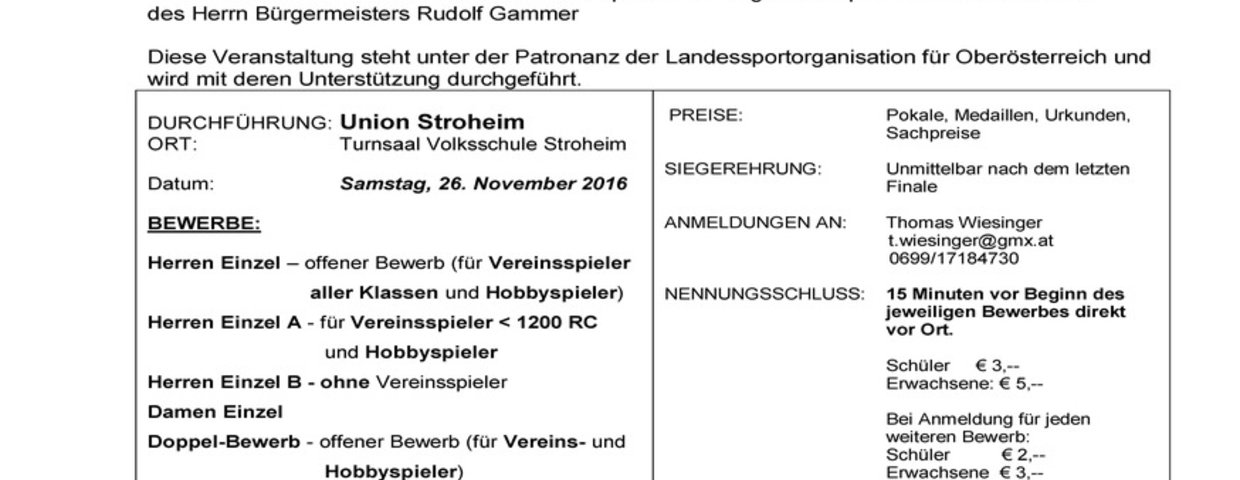 offene Bezirksmeisterschaften 2016 Tischtennis in Stroheim